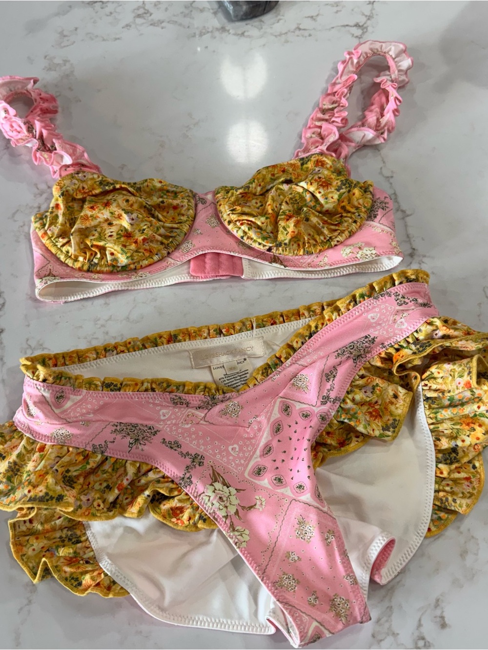 LOVESHACKFANCY Annika Bikini Set Pink Bandana & Yellow Floral Ruffle Bikini